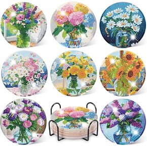 8 Pcs Diamond Art Coasters Kit,Diamond Painting Coasters,Flower Diamond Art Kits for Adults,Flowers Coaster Diamond Art Kit,Small Diamond Painting Kits with Holder