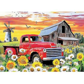 CEOVR Farmhouse Diamond Art Kits for Adults, 5D DIY Full Drill Rustic Diamond Painting Dots Crystal Gem Art, Adult Crafts Kits Arts and Crafts, Wall Decor for Home Office 12x16inch, Red Truck