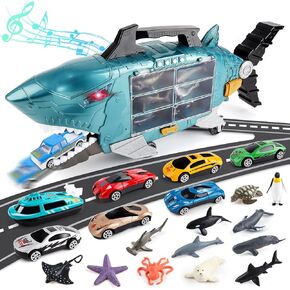 deAO Shark Toys Shark Truck with Animal Toys, 8 PCS Toy Trucks,Lights Music Effects,Birthday Gifts for Toddler Kids Boys Girls