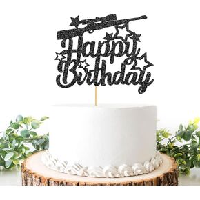 Happy Birthday Gun Cake Topper, Men Birthday / Pistol Cake Decor, Shot Gun Enthusiast Decor, Gun Theme Party Supplies