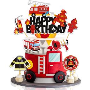 7Pcs Fire Truck Birthday Decorations, Fire Truck Birthday Cake Cupcake Toppers for Fire Theme Party Supplies