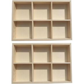 Wakauto 2Pcs Wooden Storage Divider Box Showcase Display Box 6 Grid Wood Organization Tray Desk Display Crafts Holder for Art Supplies Organizer
