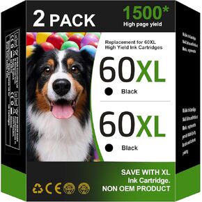 60XL Ink Cartridges for HP Printers (2 Black) for HP 60 Black Ink Cartridge for HP 60XL Works with PhotoSmart D110 C4780 C4680 C4795 Deskjet D2680 F2430 F4210 Envy 100 110 111 120 Series | CC641WN