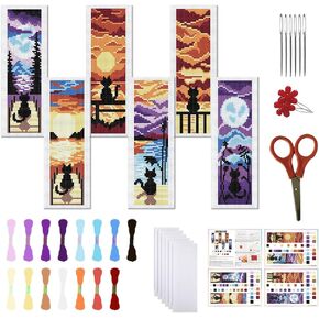 FREEBLOSS 6 Set Cross Stitch Bookmark Stamped Cross Stitch Kit with Landscape&Cat Patterns Embroidery Kit with Instruction DIY Bookmark Kit for Gift Adults 8''x2.4''