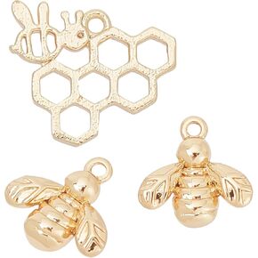 Beebeecraft 1 Box 20Pcs 18K Gold Plated Bee Honeycomb Charms Tiny Bee Beehives Frame Brass Jewelry Findings with Loop for Necklace Bracelets DIY