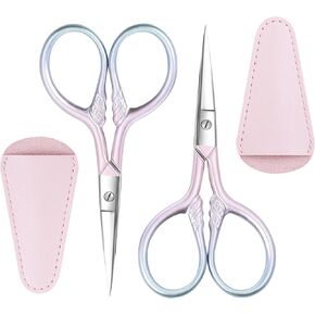 2 Pcs Eyebrow Scissors for Women, Professional Grooming Mini Scissors with Stainless Steel Straight Tip, 3.5 Inch Pink Small Scissors Beauty for Facial Hair, Eyebrows, Beard, Ear, Nose, Moustache