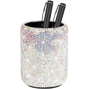 KEYPOWER Crystal Pencil Pen Pot Holder Box Bling Rhinestone Pen Organizer Holder Cosmetic Pen Container Comb Brushes Personalized (Round) (Black)