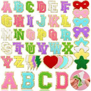 68 Pcs Chenille Letter Patches Self Adhesive for Clothing Cute Heart Bows Star Lightning Patches Varsity Letter Patches for Backpack Jacket Embroidered Applique Initial Patch
