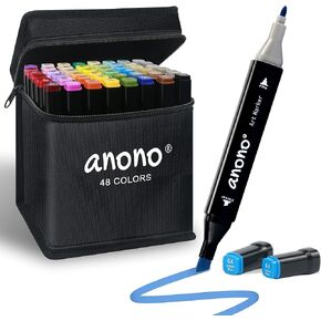 anono 48 Colors Alcohol Markers Set, Dual Tips Art Markers for Drawing， Sketch Markers for Adult Coloring Books, Ink Alcohol Based Markers for Kids