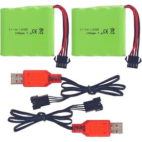 2PCS 7.4V 1000mAh Lithium Battery with SM-4P 4 pin Plug USB Charging Cable for DE36W DE65 NO.1809 RC Car 1:16 Off-Road Vehicle Four-Wheel Drive High-Speed Climbing Drift Racing Spare Battery