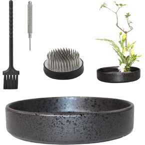 WANDIC Flower Arranging Supplies, Round Flower Frog & Ceramic Flower Pot Hammer-Pattern Black Flower Arrangement Pot for Ikebana Floral Art Home Office Decoration