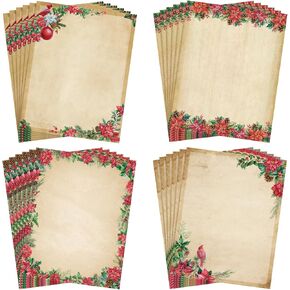 Taling 48 Sheets Christmas Poinsettia Poinstia Steptive Paper 8.5 × 11 '' 'Cardinal Paper Paper Xmas Pine Canes Berries Tworthead Vintage Holday Letting Paper for Notes دعوات تحية مكتب