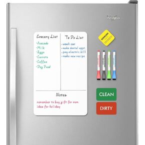 Magnetic Dry Erase Board: Small Fridge Whiteboard, Flexible Refrigerator Magnet White Board, Blank Writing Note Sheet with Dishwasher Magnet Clean Dirty Sign, 4 Markers & Eraser - 12 x 8