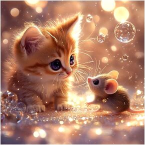 FHBUBPUP 5D Diamond Painting Kits for Adults, Cat and Mouse Diamond Art Kit, Beginners DIY Round Full Diamond Dots Painting Art, Craft Gift Suitable for Home Wall Decoration 12×12Inch