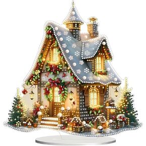 JJFox DIY Tabletop Diamond Art Painting Kit，9.54x9.52inch Special Shaped Rhinestone Desk Placement Ornament，Home Stand Up Gem Painting Craft Kit(Christmas House-1)