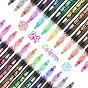 Shimmer Markers Double Line Outline Markers, 12 Colors Squiggles Shimmer Outline Markers Pen Set for Drawing Art School Supplies, Glitter Markers Set for Cards Lettering, Gift for 4-12 Year Old Girl
