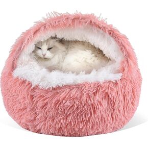Gavenia Cat Bed Round Fluffy Hooded Cat Bed Cave with Non-collapsed Plush Cover,Cat Bed Donut for Indoor Cats,Calming Dog Beds&Cat,Anti-Slip Waterproof Bottom,Washable Bed,20inch,Pink
