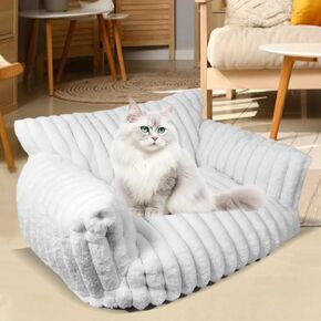 Cat Couch Bed for Pets, Washable Small Dog & Cat Beds for Indoor Cats, Soft Corduroy Plush, Fluffy Cute Cat Sofa Bed with Removable Cover, Cat Chair for Small Dog & Cat, 24inch, White
