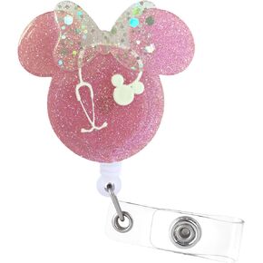 Funny Pink Nurse Badge Reel - Glitter Badge Clip Retractable with ID Clip for Nurse Nursing Name Tag Card Cute Badge Holder for Doctor Student Medical Assistant Pharmacy Student RN CNA ER Office Work