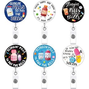 TaoBary 6 Pcs Funny Pharmacy Badge Reels Retractable Nurse Badge Holder with Alligator Clip Pill