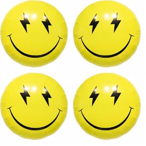 4Pcs Yellow Smile Face Balloon 23 Inch/Yellow Lightning Smile Party Helium Balloon/Preppy Smile Face Theme Birthday Party Decoration/One Happy Dude 1st Birthday Party Supplies/Boy Party Decor
