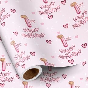 RUSPEPA 16th Wrapping Paper Birthday Girl, Hearts and Pink Number 16 Balloons Happy Birthday Design, 16 Years Old, Mini Roll, 17 Inches x 16.4 Feet, Perfect for Girls' Birthday Party Gifts