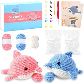 VIVIDOX 2 Pack Dolphin Crochet Kit for Beginners Adults Kids with Easy Yarn 4.3in Tall Animal Crocheting Starter Set with Step-by-Step Video Tutorials, DIY Knitting Kit with Complete Tools (Blue+Pink)