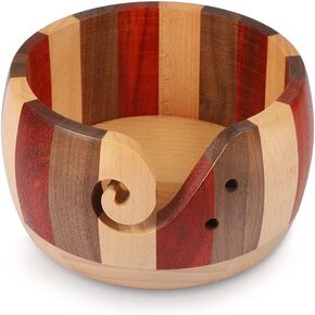 LucyPhy Wooden Yarn Bowl 6 x 3.2inch Handmade Craft Knitting Bowl Wool Storage Basket with Carved Holes & Drills for DIY Knitting Crocheting Accessories(Mixed Color)