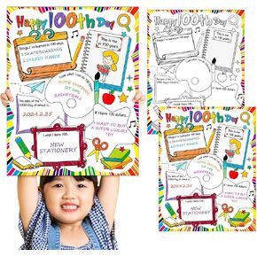 Seajan 40 Pcs Happy 100th Day of School Posters, 17 x 22 Inch Colorful Happy 100th Day Activities Posters for Kids Kindergarten Preschool Primary Classroom Activities Supplies