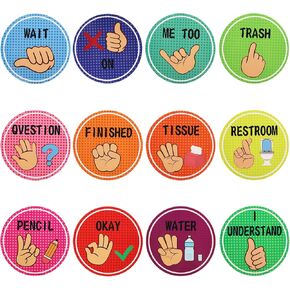 12pcs Classroom Hand Signals Poster, Waterproof Classroom Visual Cue Cards Hand Gestures Classroom Nonverbally Communicate Supply Decoration for School Kindergarten