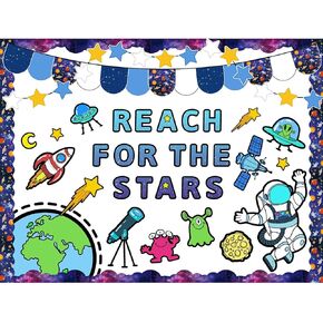 AnyDesign 82Pcs Outer Space Bulletin Board Decoration Kit Astronauts Aliens Rockets Reach for The Stars Cutouts with Glue Points Space Theme Bulletin Board Set for Classroom School Home Wall Decor