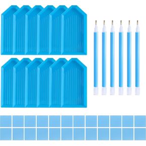 LYMUSUMI 42PCS 5D Diamond Art Painting Tools and Accessories Kits with 12 Diamond Art Painting Trays 24pcs Glue Clay 6 Diamond Art Painting Pens for Adult or Kids(Blue)