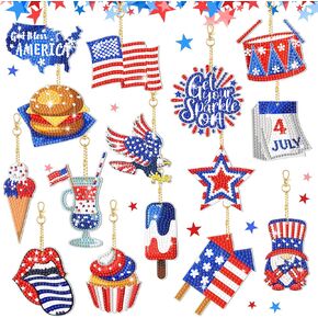 Ecally 15 Pcs Patriotic 4th of July Diamond Painting Keychains 5D DIY Art Ornaments for Independence Day Decor (Vivid)