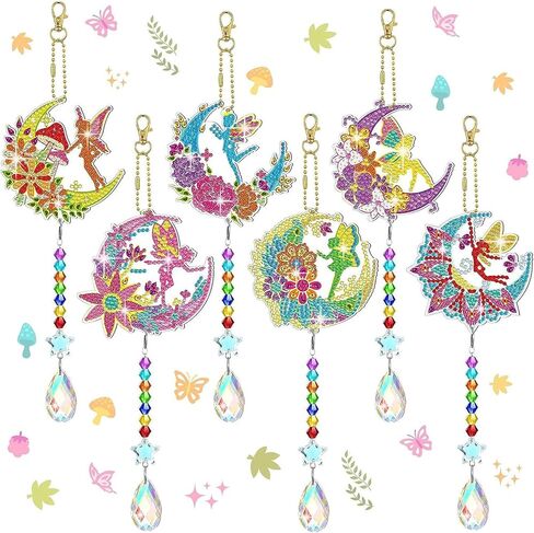 6 Pieces Elf Diamond Art Window Suncatcher 5D Diamond Art Painting Wind Chime Double Sided Hanging Diamond Acrylic Ornaments with Crystal Pendant for Adults Beginners Window Home Garden Decor in Saudi Arabia