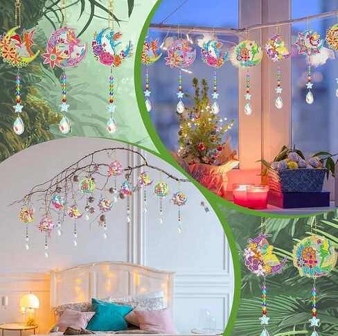 6 Pieces Elf Diamond Art Window Suncatcher 5D Diamond Art Painting Wind Chime Double Sided Hanging Diamond Acrylic Ornaments with Crystal Pendant for Adults Beginners Window Home Garden Decor in Saudi Arabia