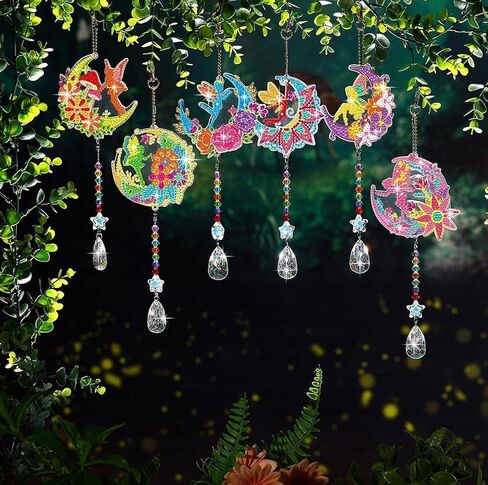6 Pieces Elf Diamond Art Window Suncatcher 5D Diamond Art Painting Wind Chime Double Sided Hanging Diamond Acrylic Ornaments with Crystal Pendant for Adults Beginners Window Home Garden Decor in Saudi Arabia