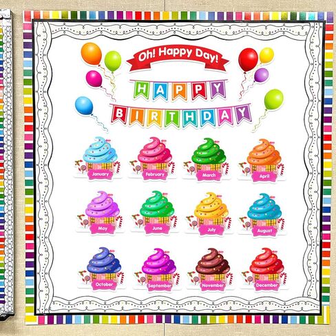 EAMAY Happy Birthday Bulletin Board Sets, Preschool & Kindergarten Classroom Decorations, Back to School Classroom Supplies, Cardstock Colorful Cutouts (Rainbow) in Saudi Arabia