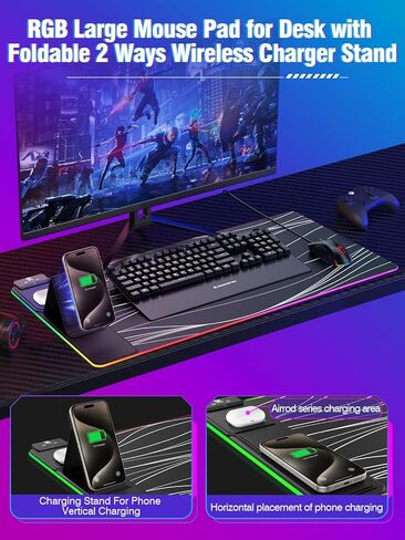 وسادة الماوس XXL مع حامل الهاتف الأسود ، حصيرة مكتب RGB مع شحن سريع 15 واط ، LED Mousepad ألعاب كبيرة مع 11 لونًا من ألواح الأضواء ، وسادات الماوس الطويلة للمكتب ، وسادة مكتب غير قابلة للانزلاق للماء للمكتب والمنزل in Kuwait