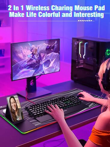 وسادة الماوس XXL مع حامل الهاتف الأسود ، حصيرة مكتب RGB مع شحن سريع 15 واط ، LED Mousepad ألعاب كبيرة مع 11 لونًا من ألواح الأضواء ، وسادات الماوس الطويلة للمكتب ، وسادة مكتب غير قابلة للانزلاق للماء للمكتب والمنزل in Kuwait