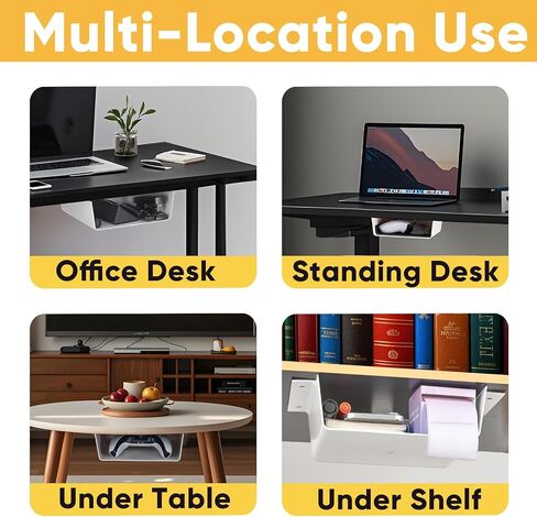 2 Pack Under Desk Hanging Shelf Drawer Organizer, Attachable Plastic Hidden Storage Tray, Easy Adhesive Mount Holder for Standing Tables, Office, Counters, Cabinets, Workstations - Black in Saudi Arabia