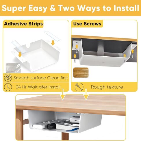 2 Pack Under Desk Hanging Shelf Drawer Organizer, Attachable Plastic Hidden Storage Tray, Easy Adhesive Mount Holder for Standing Tables, Office, Counters, Cabinets, Workstations - Black in Saudi Arabia