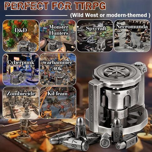 Metal Dice Set for DND with Spinning Revolver Shaped Dice Holder, Polyhedral Bullet Dice Set of 7, Gift for Dungeons and Dragons, Monster Hunters, Sci-Fi, War, RPG MTG Table Games Players (Sliver) in Saudi Arabia