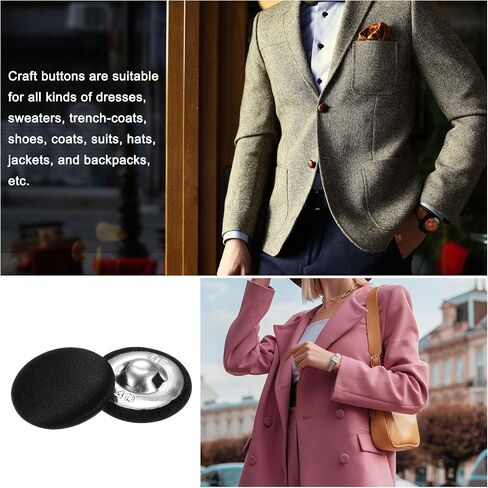 HARFINGTON 10pcs 40L Fabric Cloth Covered Button 25mm Round Metal Shank Sewing Buttons for Suits Dress Blouses Sweaters, Black in Saudi Arabia
