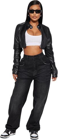 Women's Fashion Faux Leather Jacket Crop Short Cropped PU Slim Zip Up Moto Biker Coat Motorcycle Jackets Coat in Saudi Arabia