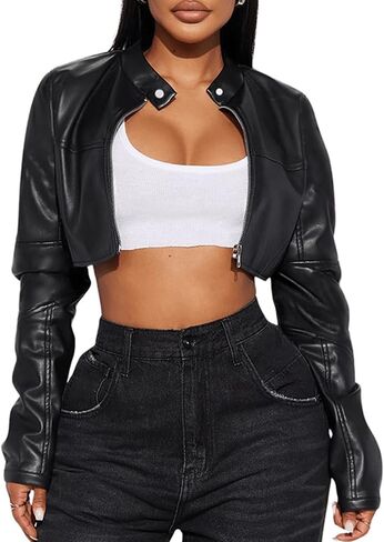 Women's Fashion Faux Leather Jacket Crop Short Cropped PU Slim Zip Up Moto Biker Coat Motorcycle Jackets Coat in Saudi Arabia