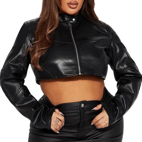 Women's Fashion Faux Leather Jacket Crop Short Cropped PU Slim Zip Up Moto Biker Coat Motorcycle Jackets Coat in Saudi Arabia