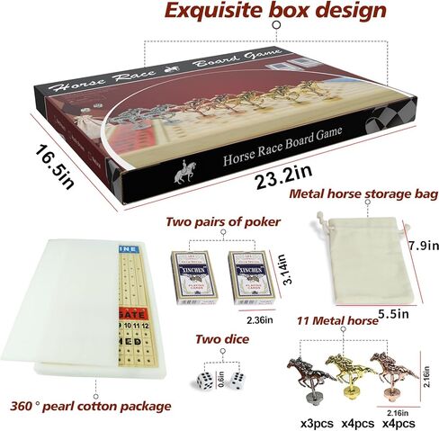 Large 21 inches Horse Racing Board Game with 11 Luxury Metal Horses Thickened Wood Game Chessboard Including Dice and Cards Finish LINE Race Game Board in Saudi Arabia