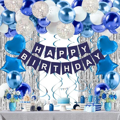 Blue Birthday Decorations for Boys Men - 50 PCS Blue Party Decorations include Happy Birthday Banner Silver Fringe Curtain Heart Star Balloons and Hanging Swirls for Birthday Party Supplies in Kuwait