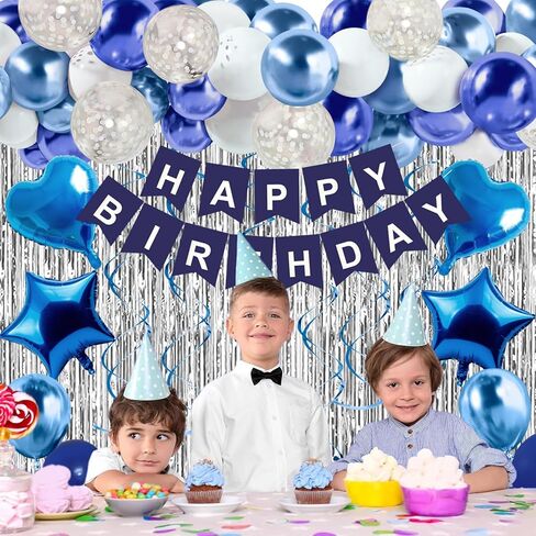 Blue Birthday Decorations for Boys Men - 50 PCS Blue Party Decorations include Happy Birthday Banner Silver Fringe Curtain Heart Star Balloons and Hanging Swirls for Birthday Party Supplies in Kuwait