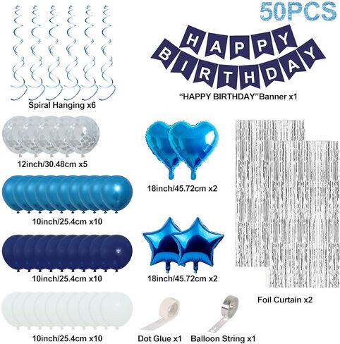 Blue Birthday Decorations for Boys Men - 50 PCS Blue Party Decorations include Happy Birthday Banner Silver Fringe Curtain Heart Star Balloons and Hanging Swirls for Birthday Party Supplies in Kuwait